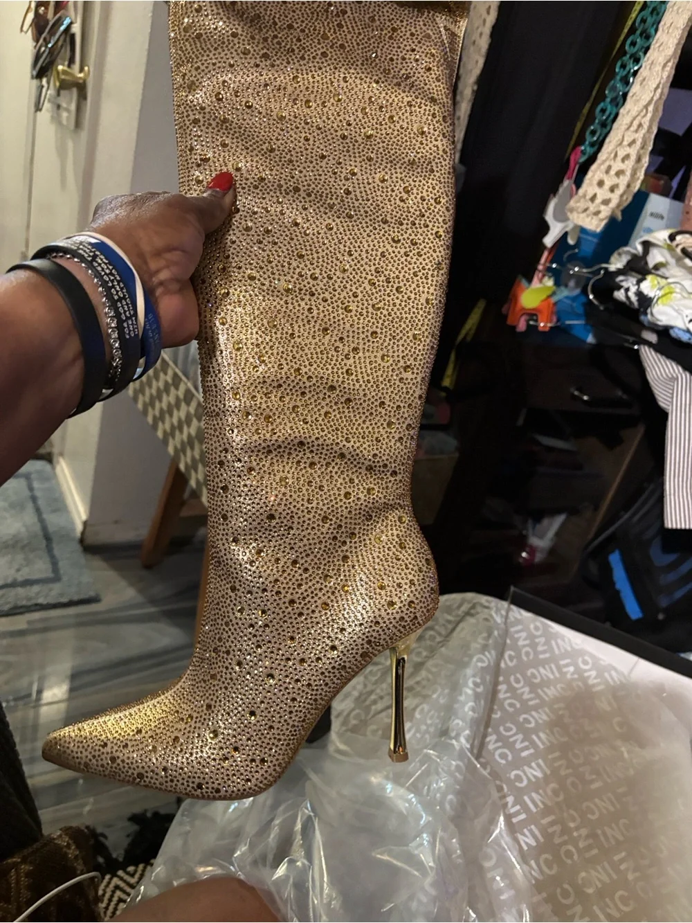INC International Concepts Gold Sparkle Over-the-Knee Stiletto Boots